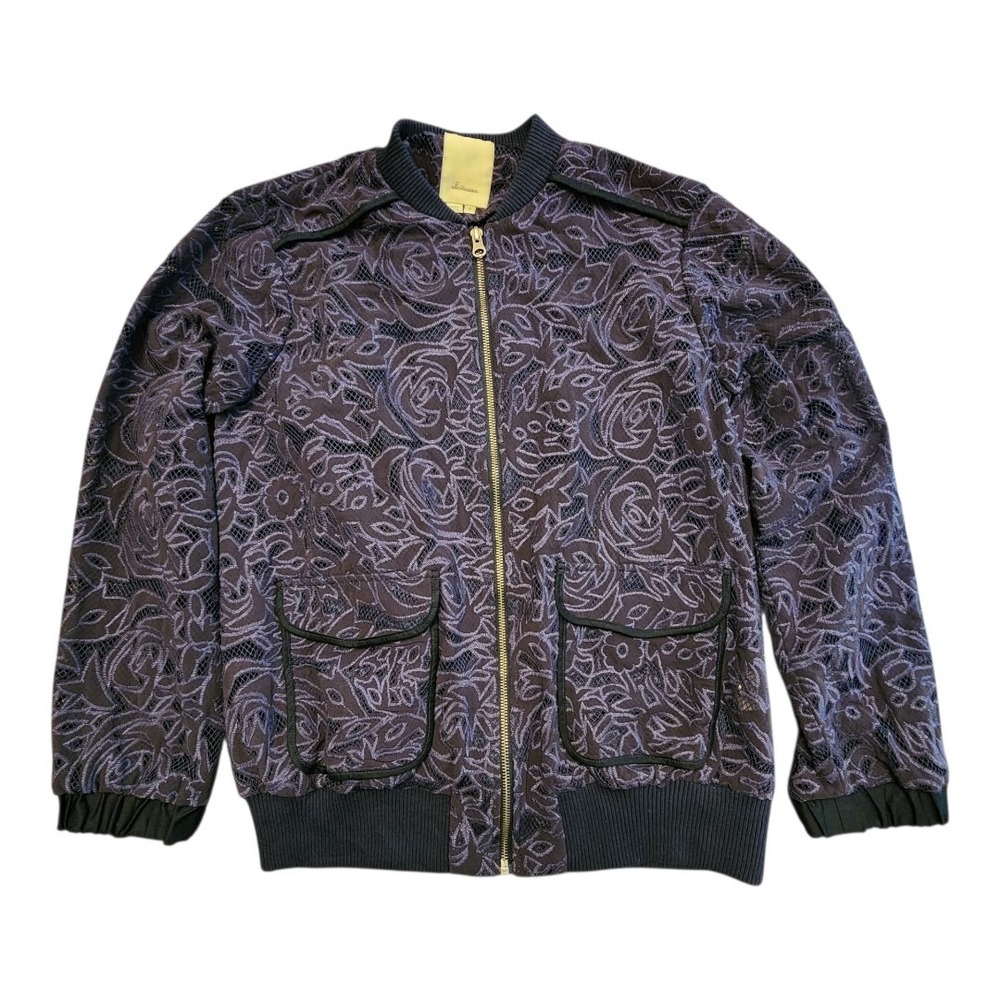 Anthropologie Elevenses Women Small Blue Miranda Lace Jacket Bomber Zipper Sheer